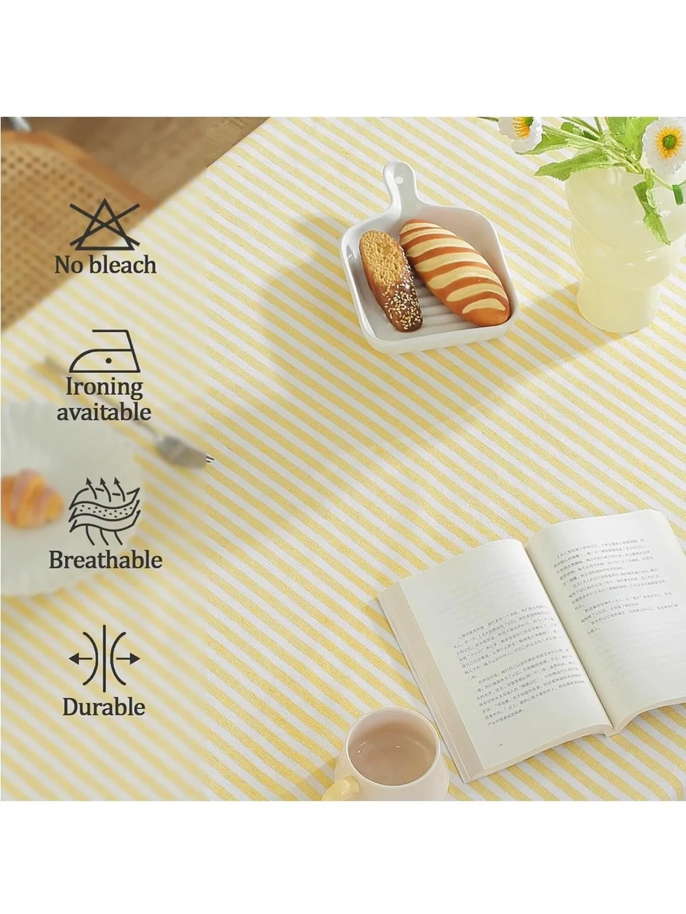 NEW Striped 36” square, cotton blend tablecloth. Yellow & White